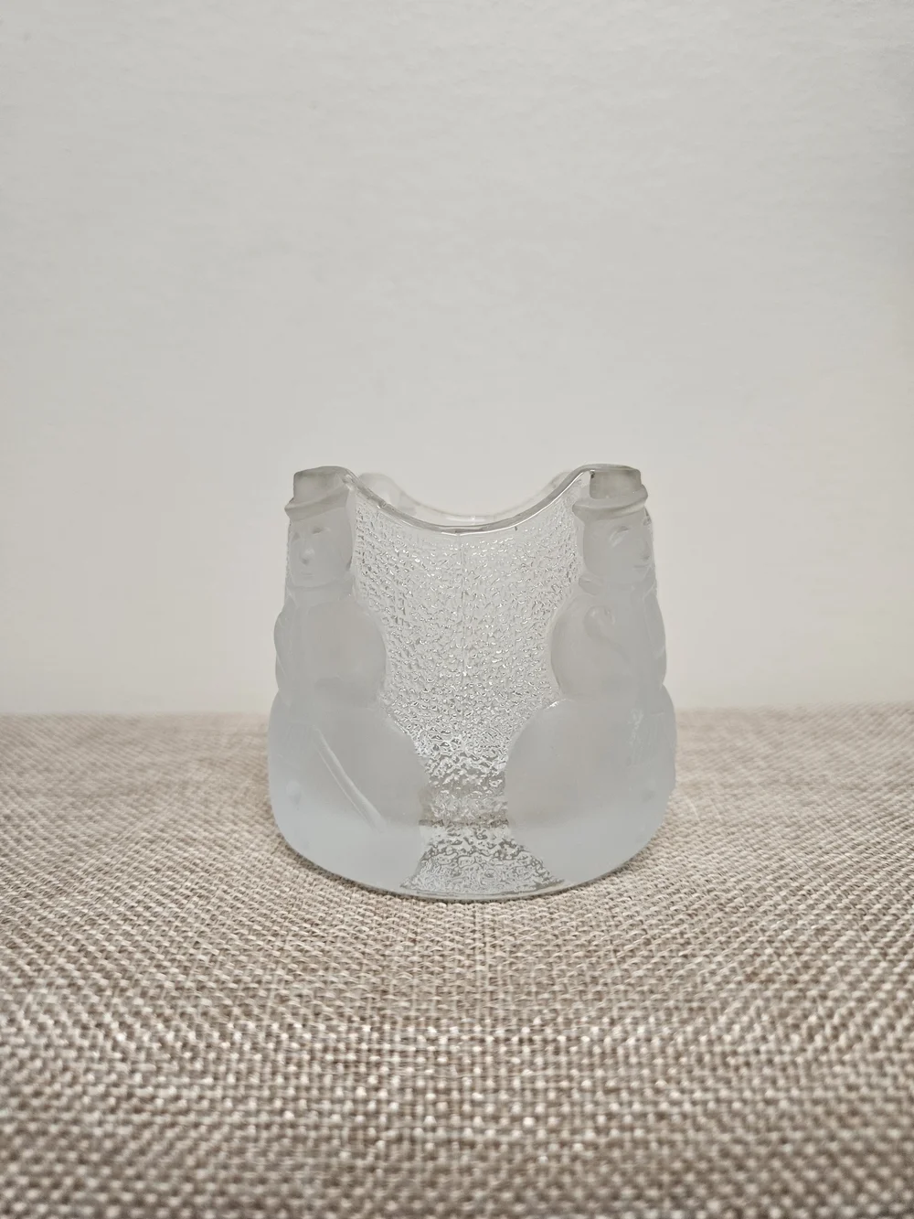 Vintage Nybro Sweden Snowman Glass Votive Candle Holder Frosted White 1980s